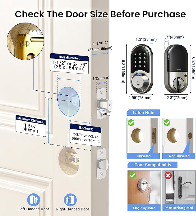 Veise RZ07 Fingerprint Smart Lock, 7-in-1 Smart Locks for Front Door, Keyless Entry Door Lock with App Control & Auto-Lock, Biometric Electronic Touchscreen Keypad Deadbolt, Satin Nickel