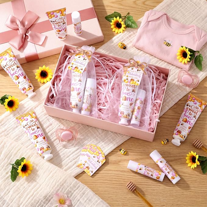 24 Sets/96 Pcs Pink Honey Hand Cream and Lip Balm Gift Baby Shower Favors for Guest Thank You for Bee Travel Size Hand Lotion and Lip Balm Bulk Baby Shower Birthday Party Supplies
