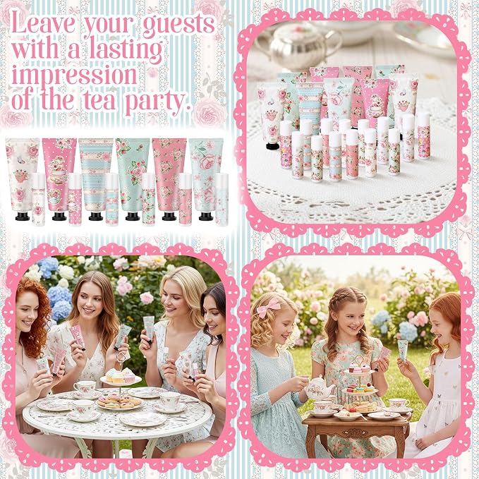 48 Sets Tea Party Favors Mini Hand Cream Lip Balm Bulk Gift Set for Women Wedding Party Favors for Guests Travel Size Hand Lotion Vintage Floral Moisturizing Lip Balm Gifts for Baby Shower