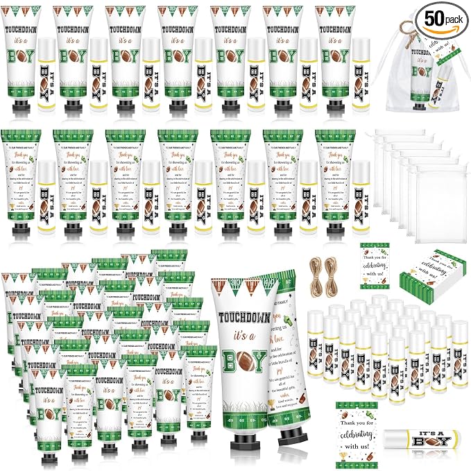 50 Sets 200 Pcs Football Baby Shower Hand Lotion and Lip Balm Gift Theme Baby Shower Party Favors Travel Size Hand Lotion and Lip Balm Bulk with Organza Bags Tags