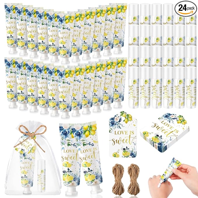 24 Sets Blue Floral Lemon Hand Cream and Lip Balm Gift, Love Is Sweet Bridal Shower Favors for Guest Travel Size Hand Lotion and Lip Balm Bulk Lemon Bridal Shower Birthday Party Supplies