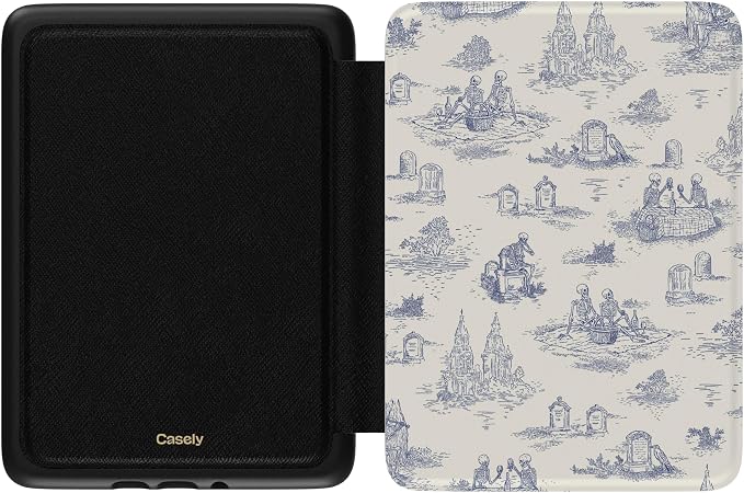 Casely Kindle Case | Graveyard Gathering | Skeleton Picnic | Compatible with 7" Kindle Colorsoft and 7" Kindle Paperwhite (12th Gen 2024) | Auto Sleep/Wake | Hand Strap | Vegan Leather