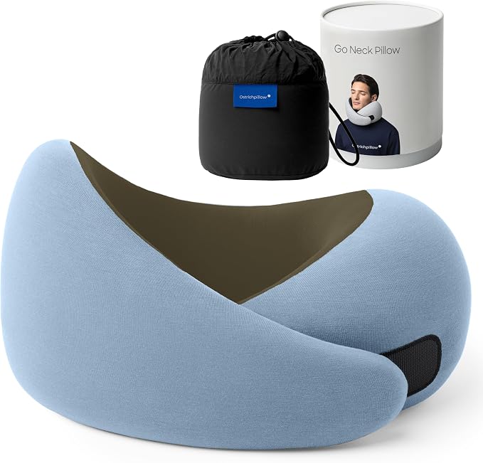 Ostrichpillow Go Neck Pillow, Travel Pillows for Airplanes, Premium Memory Foam Travel Pillow, 360º Ergonomic Design, Asymmetrical Sides, Travel Bag Included, Washable Modal Cover