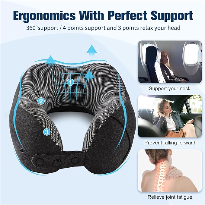 Cirorld Neck Pillow for Traveling, Travel Pillows for Airplanes,100% Pure Memory Foam Travel Neck Pillow, Adjustable Flight Pillow, Portable Plane Accessories with Eye Mask, Earplugs, Carry Bag
