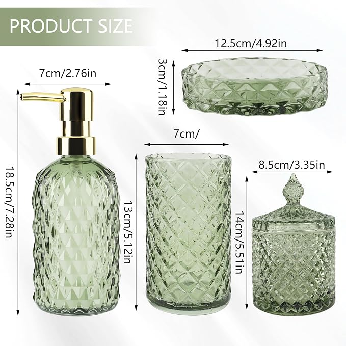 5Pcs Glass Bathroom Accessories Set,Green Vintage Bathroom Accessory Set, Bathroom Counter Sink Toothbrush Holder Set Includes 13.5oz Hand/Lotion Soap Dispenser & Tumbler & Soap Dish & Qtip Holders