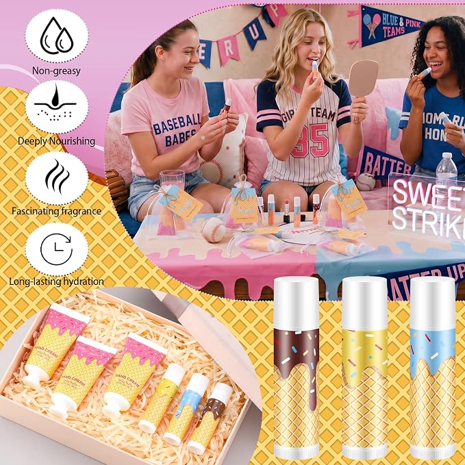 200 Pcs/ 50 Set Ice Cream Drip Baseball Gift Bulk for Team Include Ice Cream Drip 50 Lip Balm 50 Hand Creams 50 Bag 50 Tag for Summer Baseball Softball Party Favors Birthday Stuff