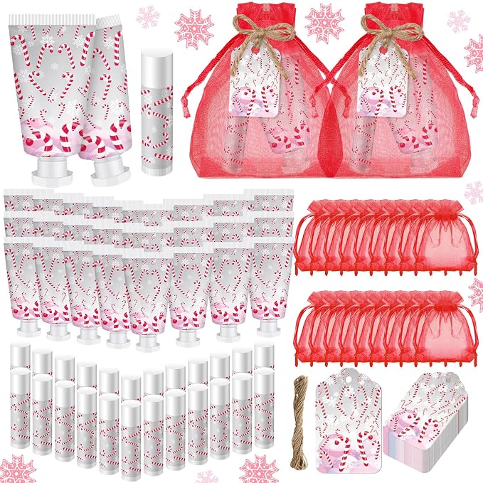 36 Sets Christmas Candy Cane Pattern Hand Cream and Lip Balm Gifts Bulk Candy Apple Hand Lotion for Women Travel Size Xmas Wedding Shower Favors for Guests