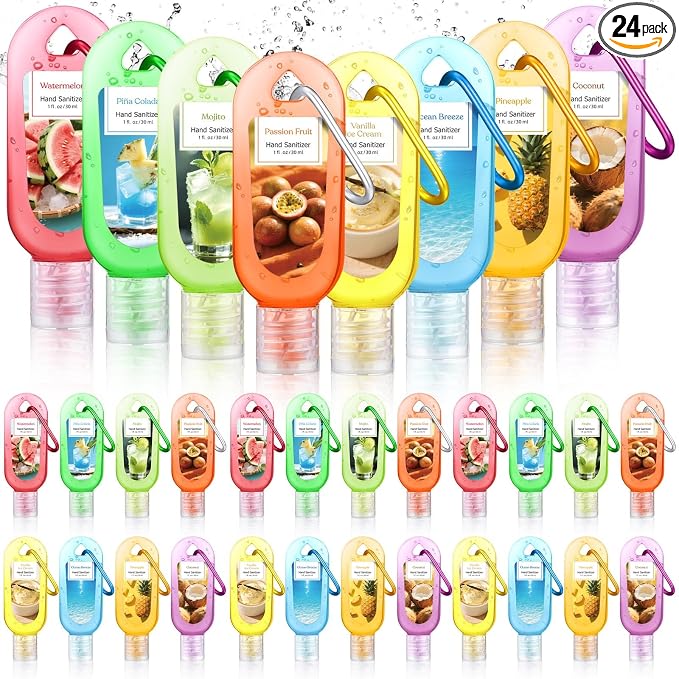 24 Pack Summer Scented Hand Sanitizers Keychain Gift Mini Travel Size Hand Sanitizer Gel Bulk 1 oz Sanitizer Keychain Gift Set Summer Graduation Party Favors Goodie Bag