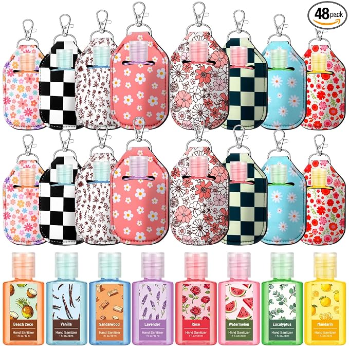 Frienda 48set Floral Hand Sanitizer Gifts Set 24 Pcs Christian Scented Hand Sanitizer and 24 Keychain Holders Gifts Set for Women Summer Vbs Party Favor for Wedding Guest Church Prayer