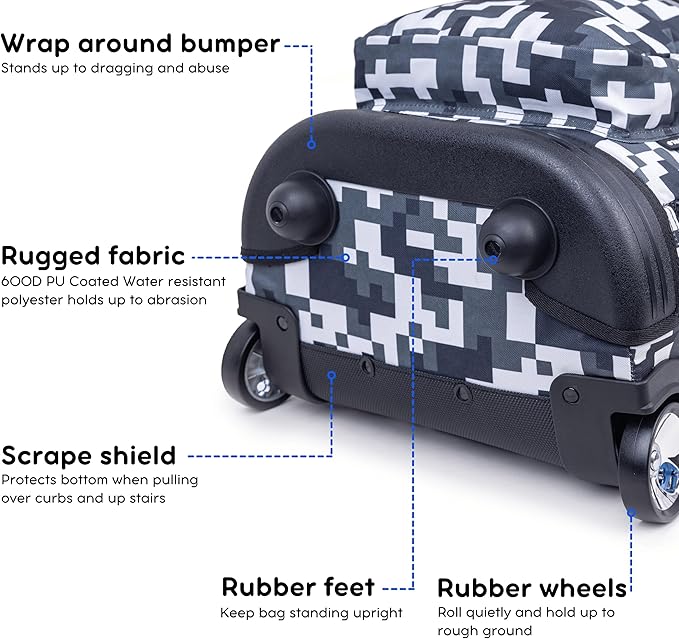 J World Sunrise Kids Rolling Backpack for Girls Boys. Roller Bookbag With Wheels For School, Camo
