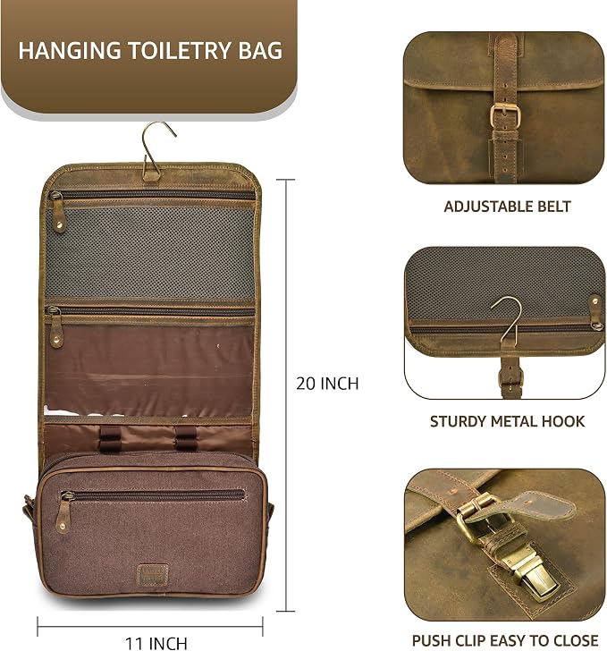LEATHER VILLAGE Hanging Genuine Leather Toiletry Bag for Men & Women with Waterproof Lining – Handcrafted Vintage Travel Dopp Kit, Shaving Organizer & Shower Bathroom Essentials Case - Mud