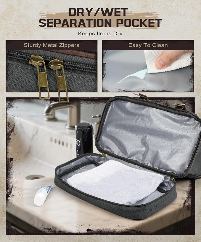 ARCFOX Travel Hanging Toiletry Bag for Men, Vintage Canvas Large Toiletry Bag with 7 Compartments, Camping Gym Travel Toiletry Kit Organizer with PVC Wet & Dry Pockets, Personalized Wash Bag, Black