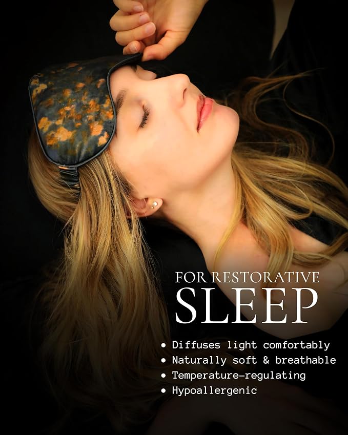 SILK & WILLOW - Botanical Print Pure Mulberry Silk Eye Mask & Scrunchie Gift Set, Luxurious Sleep Eye Mask & Hair Accessory Bundle, Durable Nature-Considerate Wellness Gifts for Women, Midnight