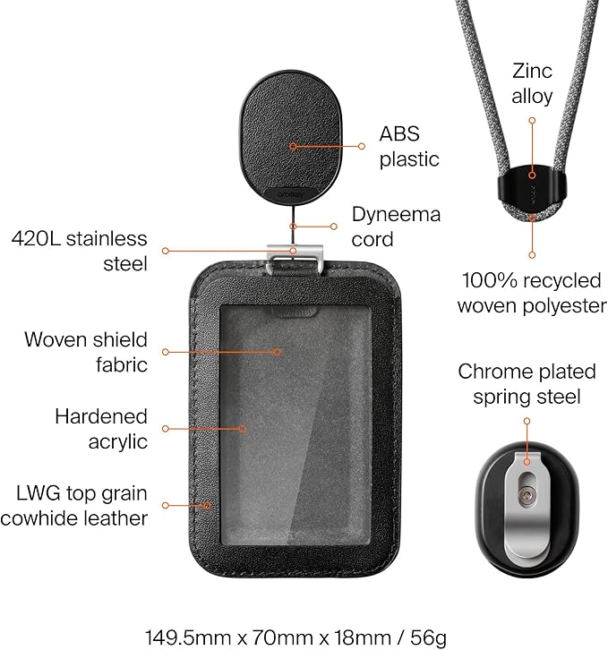 Orbitkey ID Card Holder Pro | Made with LWG-Certified Top Grain Leather and Durable Dyneema Cord | Holds 1 Access Card & 2 RFID Cards | Interchangeable Orientation | (with Lanyard, Black)