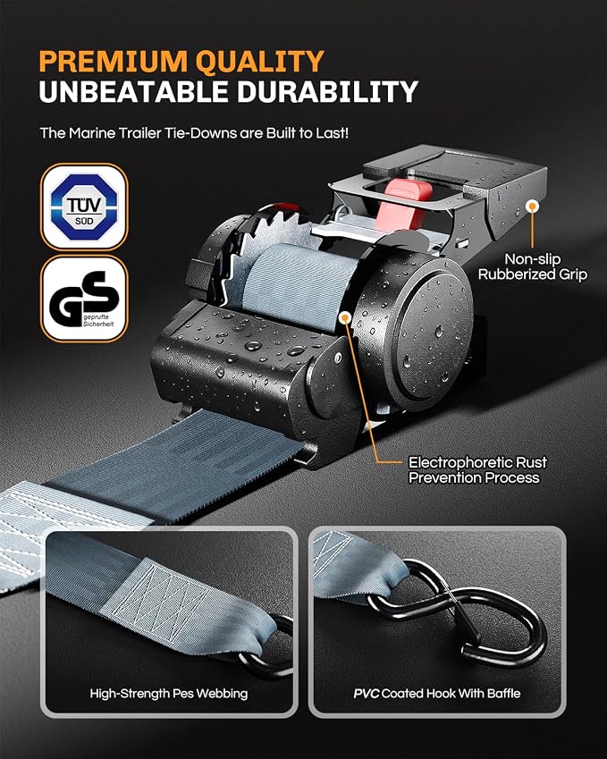 WELLUCK Retractable Ratchet Tie Down Straps for Boat Trailer, Jetski – Heavy Duty 3300lbs Break Strength with Transom Bolt-On, 2 x 72 Inch, 2-Pack