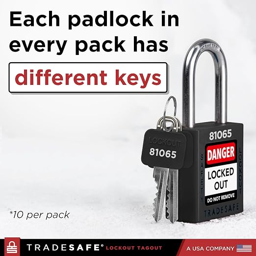 TRADESAFE Lockout Tagout Locks Set - 10 Black Lockout Locks Keyed Different, 2 Keys Per Loto Lock, OSHA Compliant Lock Out Tag Out Padlocks, Safety Padlocks for Electrical Lockout Tag Out Kits
