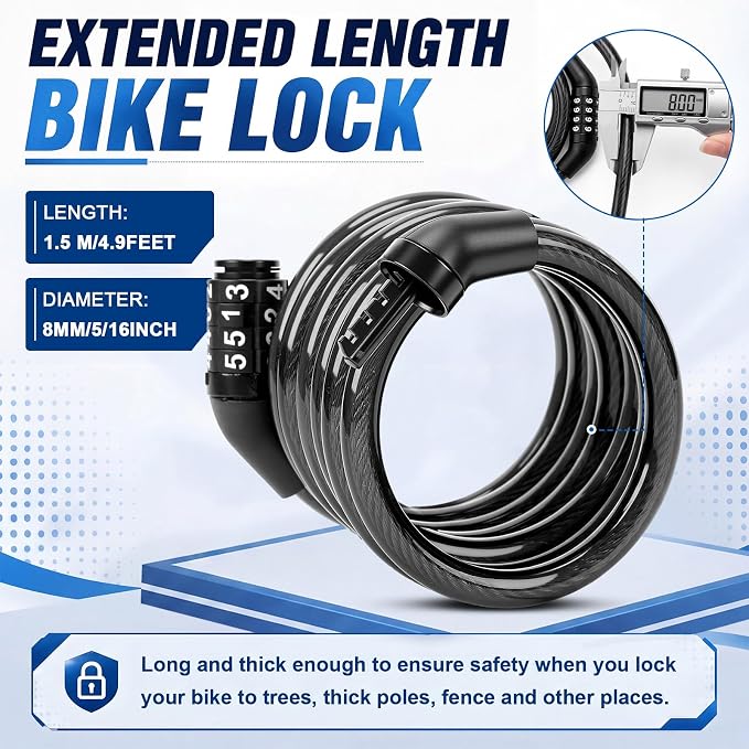 Bike Lock Cable with Combination, Coiled Preset Bike Lock High Security 4 Digit Bicycle Locks Anti Theft Bikes Accessories Black Bicycle Cable Locks, 5/6 Inch Diameter(10 Pcs,5 Feet)
