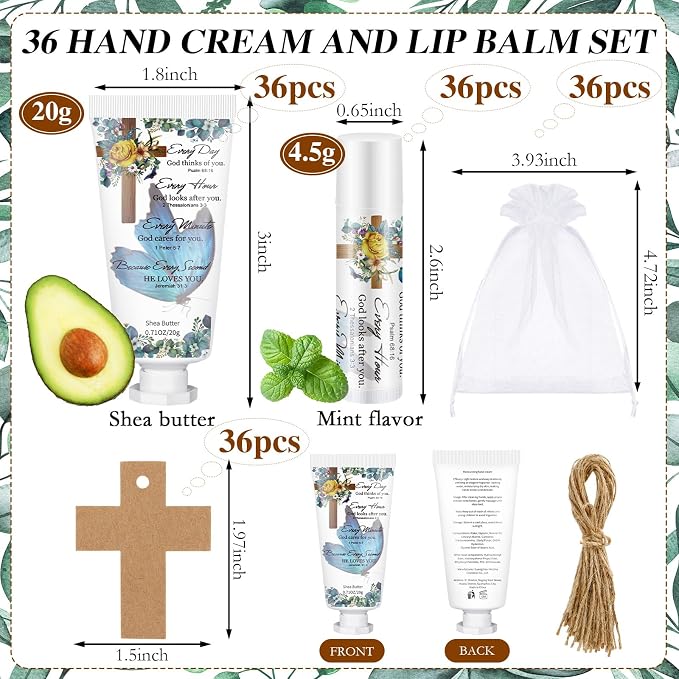 144 Pcs Christian Lip Balm Hand Cream Set Party Favors, Include 36 Bible Verse Lip Balm 36 Biblical Cross Moisturizing Hand Cream 36 Bags 36 Cards and Ropes for Women Accessories Gifts