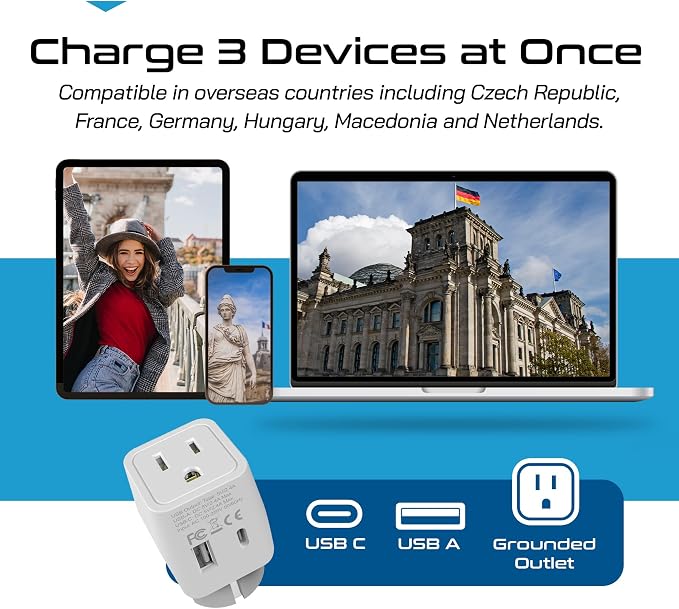 Ceptics Schuko, Germany, France, Spain Travel Adapter Plug with USB-A+USB-C- Usa Input Type E/F - Ultra Compact Perfect for Cell Phones, Laptop, Camera Chargers, iWatch, iPad, iPhone and More (CTU-9)