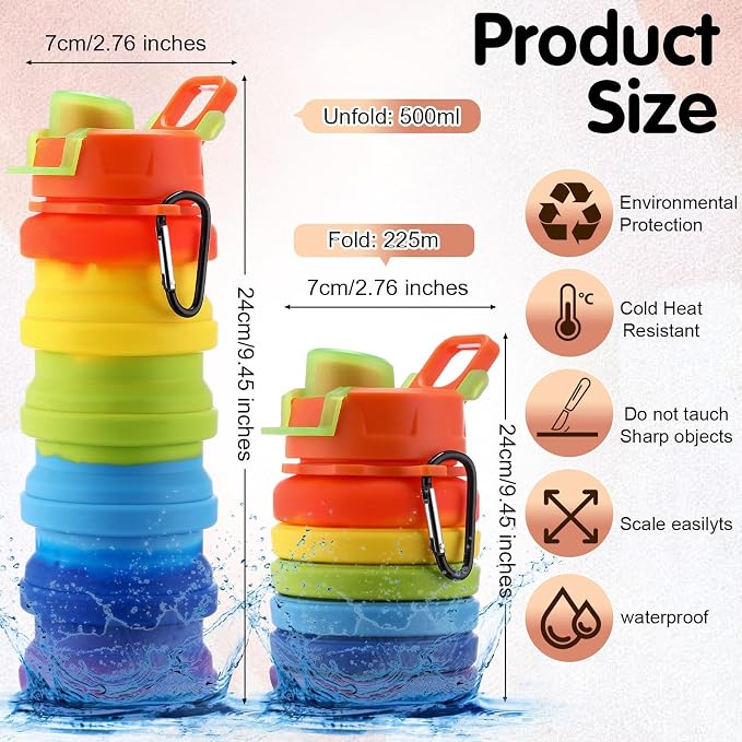 Sunnyray 20 Pack Collapsible Water Bottles Bulk Foldable Water Bottles 17oz Silicone Portable Leak Proof Reusable Sports with Clip for Travel Hiking Camping Outdoor (Colorful)