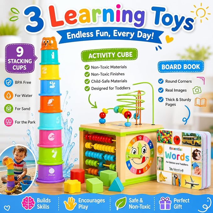 Wooden Activity Cube for Baby, Montessori Toys for 1 Year Old, Baby Toys 1 Year Old, Toys for 1+ Year Old Girl - Wooden Activity Center with Bead Maze Toy, Baby Stacking Cups, Book, in Pink Gift Box