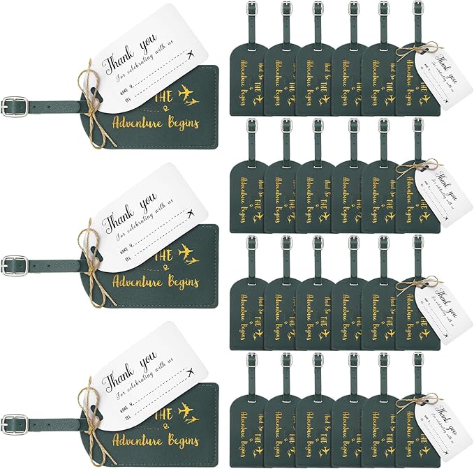 Sweetude 48 Sets Bulk Luggage Tags Wedding Favors and So The Adventure Begins Leather Luggage Tags for Suitcases with Name Card for Travel Themed Bridal Shower Graduation Party Favor(Dark Green)
