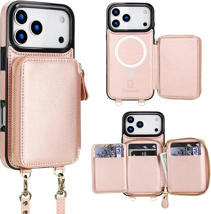 Bocasal for MagSafe Crossbody Wallet Case Compatible with iPhone 17 Pro Max, RFID Blocking Protective Purse Case with Card Slots Holder Kickstand Wrist Strap Lanyard Zipper 6.9 Inch 5G (Rose Gold)