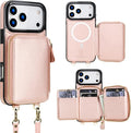 Bocasal for MagSafe Crossbody Wallet Case Compatible with iPhone 17 Pro Max, RFID Blocking Protective Purse Case with Card Slots Holder Kickstand Wrist Strap Lanyard Zipper 6.9 Inch 5G (Rose Gold)