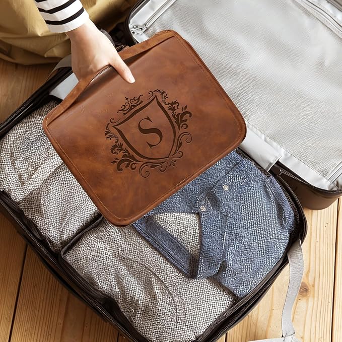 Personalized 3-in-1 Hanging Toiletry Bag Fathers Day Birthday Gifts for Men Dad Husband, Custom Initial Large Waterproof PU Leather Dopp Kit Shaving Bag Travel Essential for Him Light Brown Y