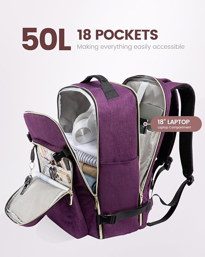 LOVEVOOK 50L Travel Backpack Flight Approved Carry on Backpack,3 Packing Cubes,Waterproof Personal Item Travel Bag,TSA Carry on Luggage Suitcase Travel Essentials,Gifts for Women & Men,fits 18" Laptop