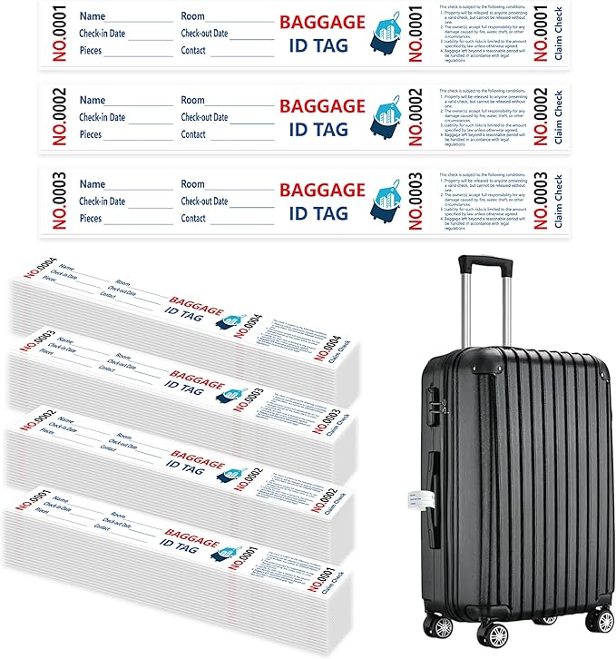 1000 Luggage Tags Hotels Baggage Claim Check Tags with Transfer Tape Serial Numbering (1-1000) Paper Luggage Tags Hotel Luggage Claim Bag Tags Claim Tickets for Hotel Luggage Identification (1)