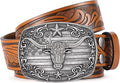 SANSTHS Western Cowboy Belts for Men Women, Mens Western Belt Bull Buckle Country Belt Cowboy Leather Belt for Jeans