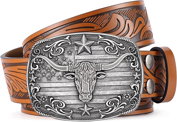 SANSTHS Western Cowboy Belts for Men Women, Mens Western Belt Bull Buckle Country Belt Cowboy Leather Belt for Jeans