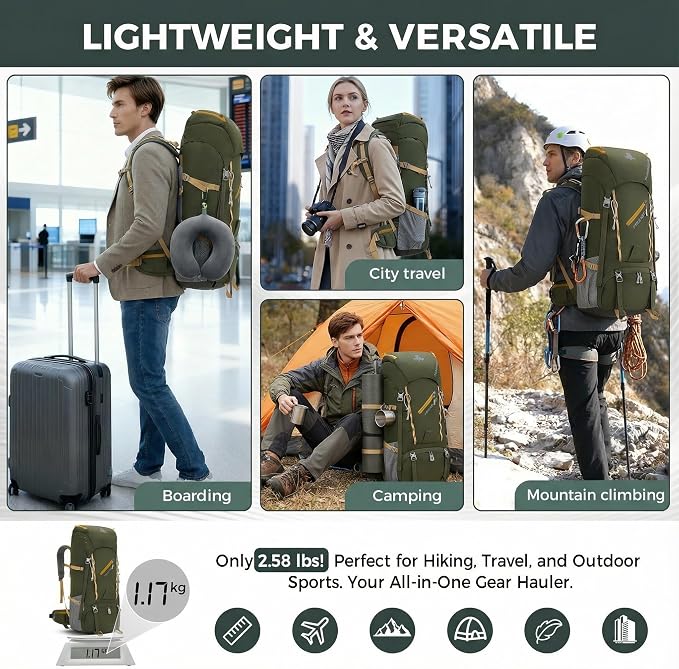 Bseash 65L Waterproof Hiking Camping Backpack with Rain Cover, Outdoor Sport Travel Daypack for Climbing Touring (Army Green)