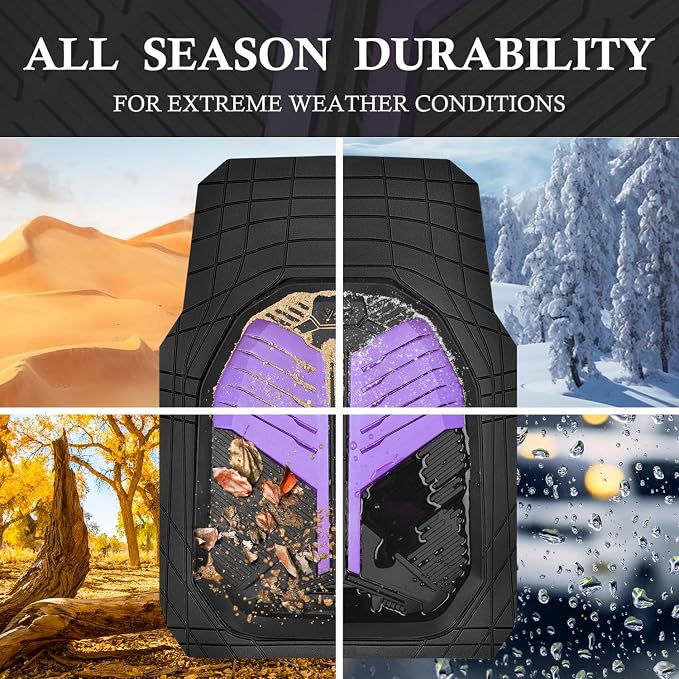 CAR PASS Heavy Duty Rubber Car Mats, Deep-Dish Car Floor Mats All Weather, Universal Two-Tone Trim-to-Fit for SUVs Trucks Sedans, Waterproof Anti-Slip, 3 Pieces V12 Black and Metallic Purple