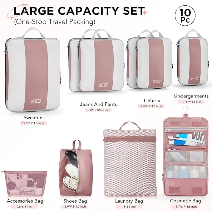 10 Set Compression Packing Cubes for Travel Essentials,Compressible Expandable Packing Cubes for Suitcase,OlarHike Luggage Garment Bags for Travel,Handy Helper for Organizing Clothes(Light Coral)