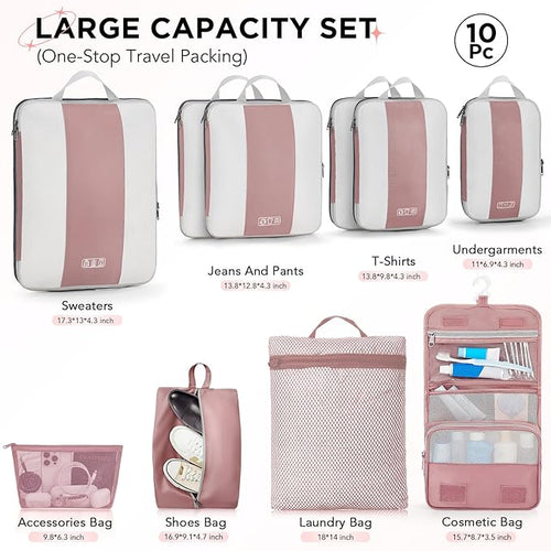 10 Set Compression Packing Cubes for Travel Essentials,Compressible Expandable Packing Cubes for Suitcase,OlarHike Luggage Garment Bags for Travel,Handy Helper for Organizing Clothes(Light Coral)