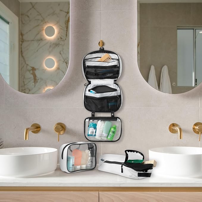 Toiletry Bag Kit 3 Piece Set: Hanging Travel Toiletry Bag + 311 TSA Cosmetic Liquid Bag + Accessory Organizer Pouch