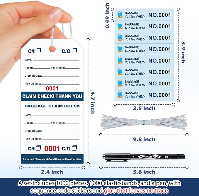 1000 Pcs Hotel Luggage Claim Tags 001 to 1000 with Strings 4-3/4 x 2-3/8 Inch with 8 Labels & Matching Numbers Durable Paper Baggage Check Tags with Stubs for Hotels Storage and Transport (1000)