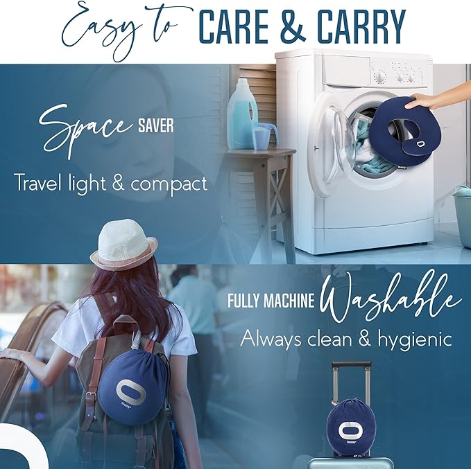 BCOZZY Organic Cotton Double Support Neck Pillow for Travel - 3 Ergonomic Positions for Head, Neck, and Chin Comfort - Ideal for Sleeping Upright on Flights, Cars, and at Home – Large, Navy