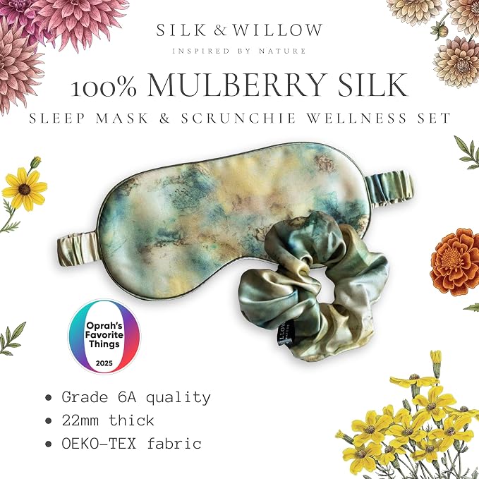 SILK & WILLOW - Botanical Print Pure Mulberry Silk Eye Mask & Scrunchie Gift Set, Luxurious Sleep Eye Mask & Hair Accessory Bundle, Durable Nature-Considerate Wellness Gifts for Women, Seascape
