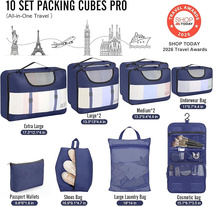 Veken 10 Set Packing Cubes for Travel Essentials, Suitcase Organizer Bags in 4 Sizes, Carry-On Luggage Accessories with Large Laundry Bag & Passport Holder, Must-Have for Airplane, Road Trip & Camping