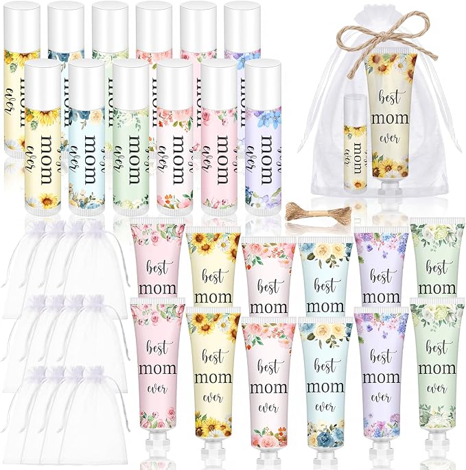 12 Sets Best Mom Ever Church Gifts Bulk for Women Birthday Gifts for Mom Hand Cream and Lip Balm Set with Organza Bag Thank You Card Mother Gift Bag Stuffers