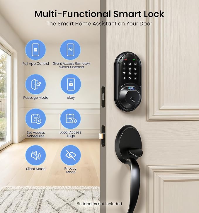 Veise RZ07 Fingerprint Smart Lock, 7-in-1 Smart Locks for Front Door, Keyless Entry Door Lock with App Control & Auto-Lock, Biometric Electronic Touchscreen Keypad Deadbolt, Matte Black