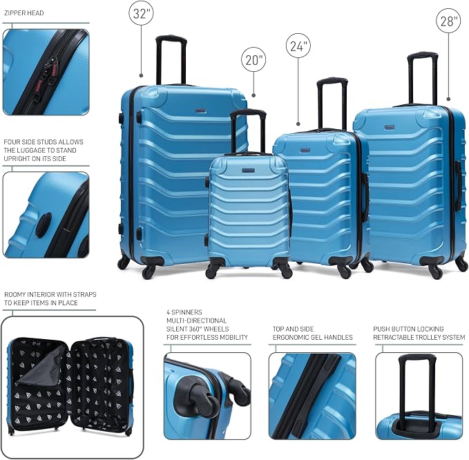 InUSA ENDURANCE Luggage with Spinner Wheels | Durable Lightweight Hardshell Suitcase, Travel Sets with Handle and Trolley | (20in, 24in, 28in, 32in) 4 Pieces Luggage Set | Teal