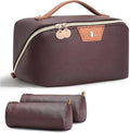 Travel Makeup Bag for Women: 3-in-1 Large Capacity Cosmetics Organizer with 2 Detachable Pouch - Vegan Leather Flat Open Toiletry Bag - Travel Essentials for Full-Sized Bottles(Coffee)