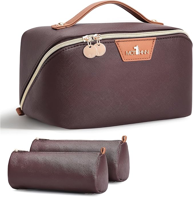Travel Makeup Bag for Women: 3-in-1 Large Capacity Cosmetics Organizer with 2 Detachable Pouch - Vegan Leather Flat Open Toiletry Bag - Travel Essentials for Full-Sized Bottles(Coffee)