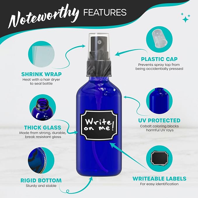 Nevlers Cobalt Blue Small Spray Bottle 2 Oz 24 Pack Travel Spritzer Bottles | Fine Mist Sprayer Set w/ Shrink Wrap, Funnel, Brush, Marker & Labels | Fine Mister Spray Bottle for Perfume , Oil & More