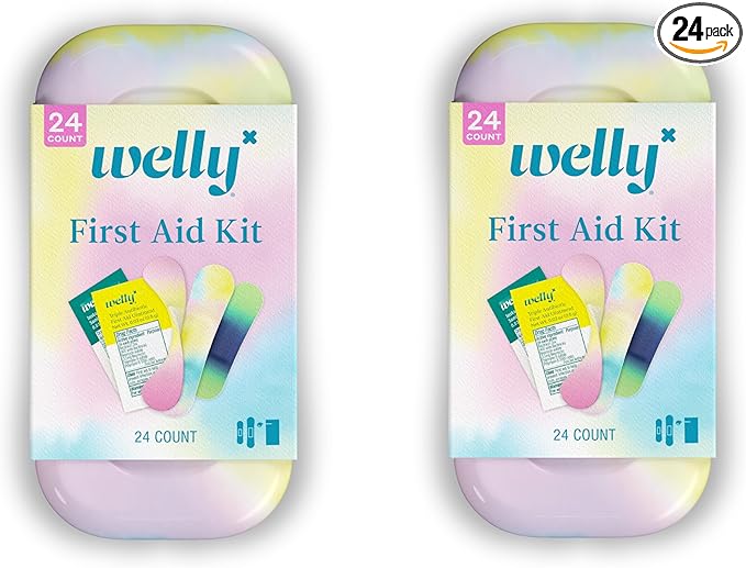 Welly Quick Fix Colorwash, On The Go First Aid Kit, Assorted Bandages, Ointments, and Hand Sanitizer, Tie Dye Patterns, 2 Pack
