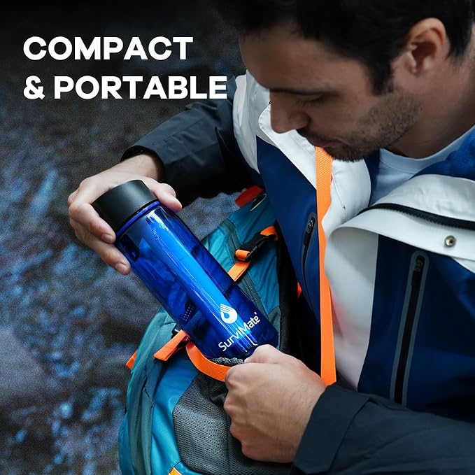 SurviMate 5-Stage 0.01μm Ultra-Filtration Filtered Water Bottle, BPA-Free Material, NSF/ANSI 42 Certified, Portable Water Filter Bottle for Survival, Camping, Hiking, and Emergency Use